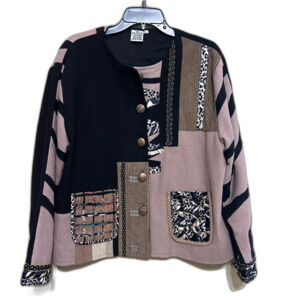 Parsley & Sage Mixed Print Embroidered Jacket Womens XL Black Tan Boho Artwear